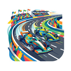 Naklejka premium Formula 1 Cars Racing with Colorful Crowd and Grandstand
