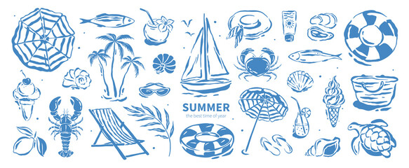 Fototapeta premium Collection summer Mediterranean elements. Hand drawn vector illustration for summer designs, cover, advertisement and posters