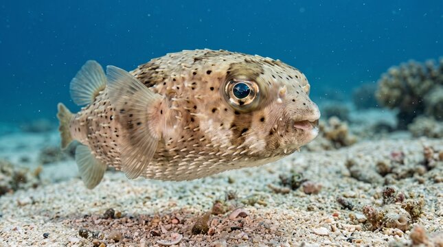 A porcupinefish, inflated defensively, floats near the sandy seabed in clear blue ocean water, showcasing its spiky exterior and round body.