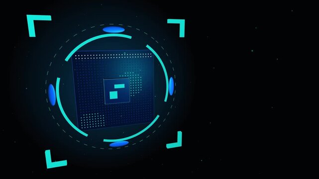 Futuristic digital processor chip floating in cyberspace with holographic interface and data scanning elements on dark background