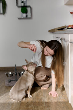 Woman feeding dog in kitchen