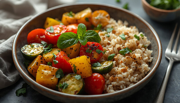 A bowl of mixed vegetables and brown rice on a table