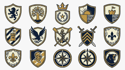 Obraz premium Clean Vintage Style Heraldic Shields Collection with Gold and Dark Blue Color Scheme Featuring Symbols like Lions Trees Crowns Castles Eagles and More