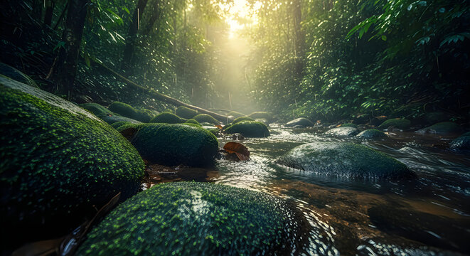 Shallow stream flowing through a lush forest under sunlight