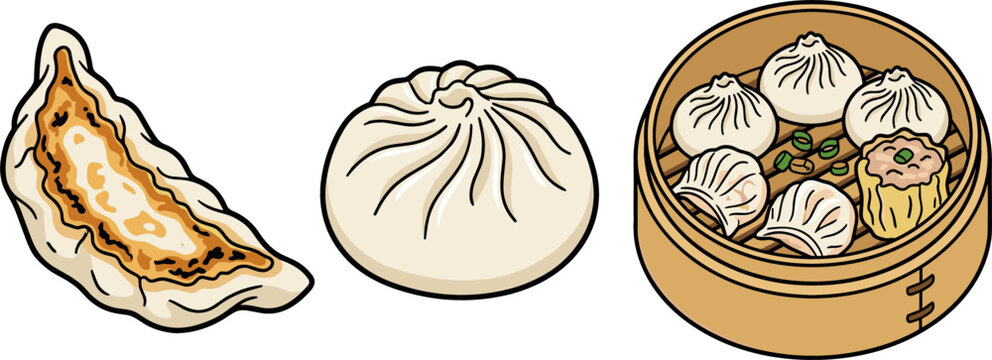 Chinese Dim Sum Vector Set Featuring Fried Gyoza Dumpling Steamed Baozi Bun And Xiaolongbao In Traditional Bamboo Steamer Basket Food Elements