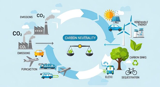 Carbon neutrality cycle depicting renewable energy and emission sources