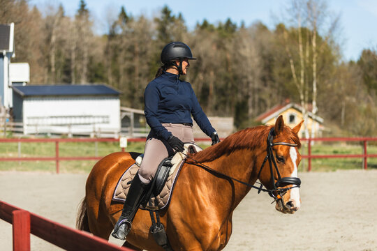 Profile of Woman Riding Horse Outdoors