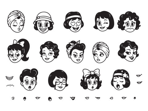 Retro 1930s Cartoon Woman Character Faces Vector Set, Vintage Female Avatars with Different Expressions and Hairstyles, Black and White Line Art Illustration