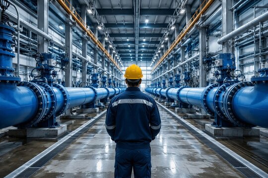 Engineer standing between large industrial water supply pipes in a manufacturing water treatment