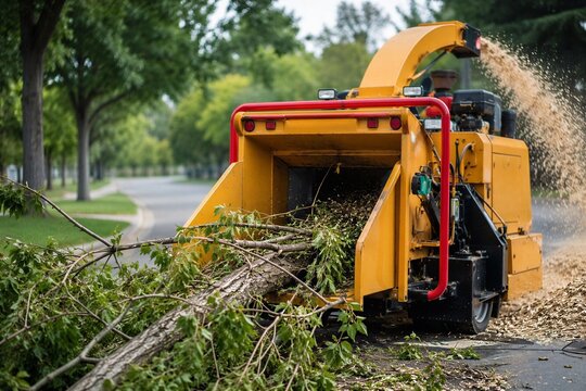 Industrial wood chipper machine processing tree branches into woodchips in a residential