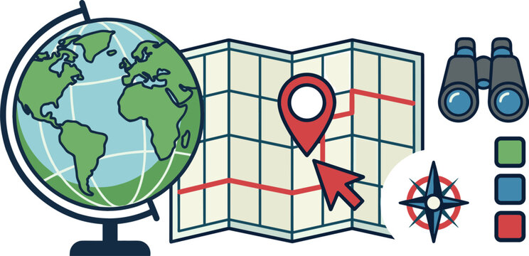 Global Travel and Navigation Exploration Vector Set Featuring Earth Globe Stand Folded Grid Map with Location Pin Pointer Compass Rose and Field Binoculars