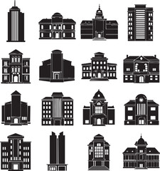 Fototapeta premium Set of city buildings and architectural structure silhouettes with building architecture skyscraper structure silhouette apartment