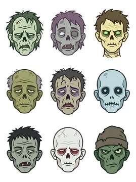 Collection of nine diverse zombie heads with different expressions and skin tones for Halloween