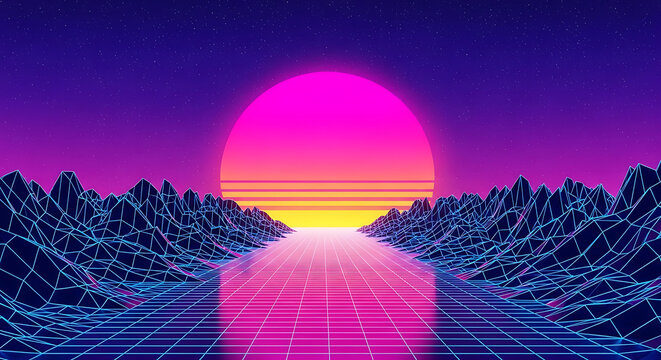 Retro synthwave landscape with glowing neon sun over dark terrain synthwave landscape cyberpunk eighties electronic abstract stylized