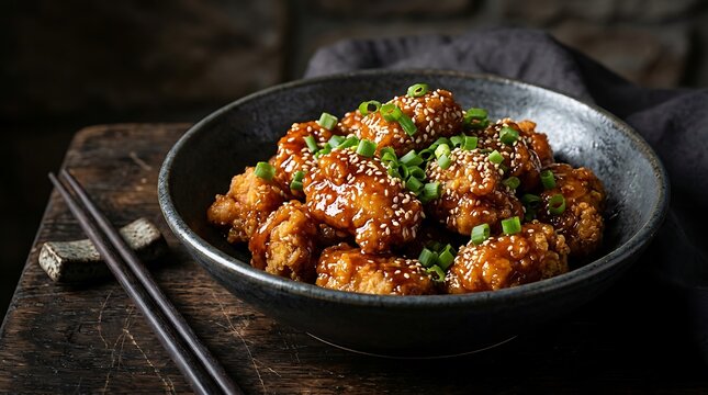 Delicious crispy fried tofu cubes with sesame seeds and green onions served in a dark ceramic bowl. general tso chicken