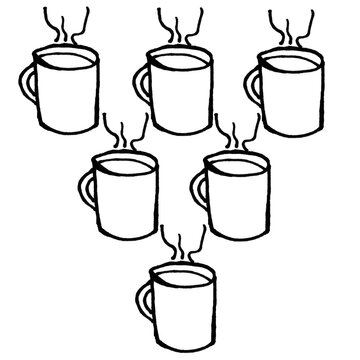 Hot Coffee Mugs Doodle Line Art &ndash; Six Cups with Steam &ndash; Simple Outline Beverage Illustration