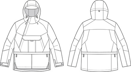 Technical Flat Sketch of Hooded Outdoor Anorak Jacket with Front and Back Views for Apparel Design © Akhi999