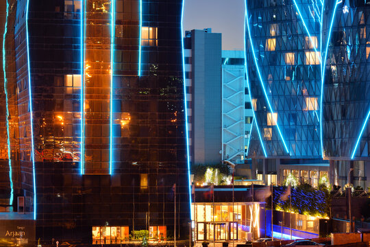 Exterior of modern luxury hotel with neon illumination in Maltepe district of Istanbul