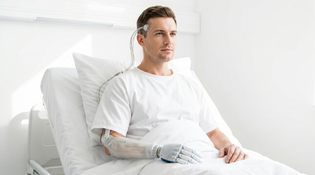 Man wearing neural interface and prosthetic arm sitting in hospital bed. Patient with advanced robotic limb recovery using brain computer interface. Neuroprosthetics medical science.