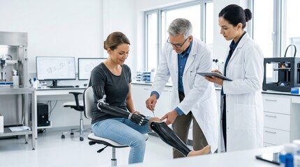 Fototapeta premium Woman using 3D printed bionic arm and leg prosthesis during medical testing with doctor and assistant. Modern neuroprosthetics research and rehabilitation in innovative laboratory.