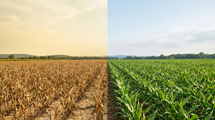 Fototapeta premium Heatwave drought field risk climate change contrast concept agriculture hope. Warming hazard emergency. climate change warning, temperature drought, weather hot summer