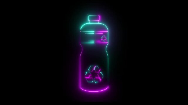 glowing neon Recycling plastic bottle icon isolated on black background. Ideal for eco friendly product labels, environmental campaigns, sustainability education materials, and recycling awareness