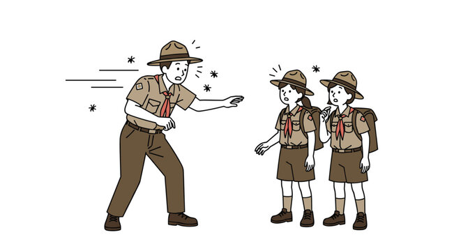 Worried scout leader in uniform reaches out towards two young girl scouts carrying backpacks in an outdoor setting for a nature trip.
