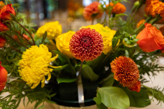 Colorful Autumn Floral Arrangement with Dahlias, Roses and Seasonal Blooms