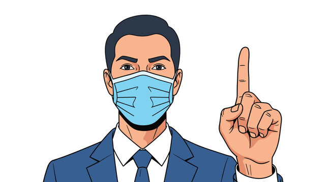 Professional man in a blue suit wears a medical face mask and points his index finger upward to get attention or share an important idea.