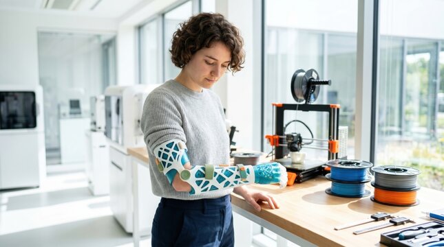 Woman engineer testing 3D printed prosthetic arm in laboratory. Custom medical device development using innovative technology. Biomedical engineering and rehabilitation support concept.