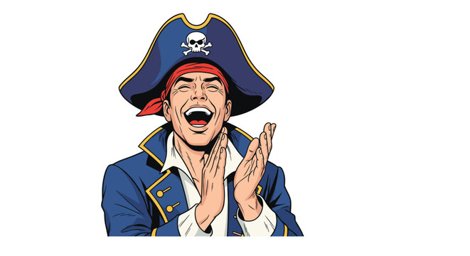Happy pirate captain in a blue uniform and skull hat laughs heartily and claps his hands against a plain white background for fun.