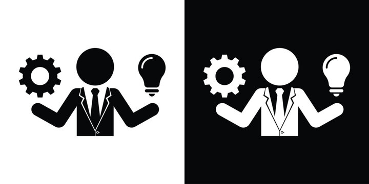 Businessman balancing a gear and a lightbulb, representing the integration of creative ideas and technical execution. Clean black and white vector icons.