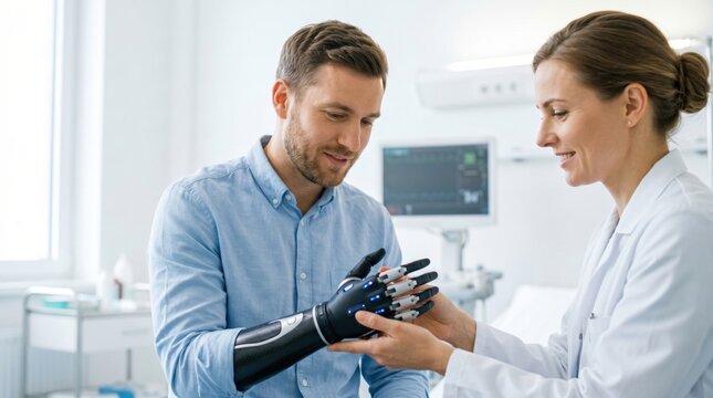 Woman doctor helping man with bionic hand prosthetic in clinic. Innovative neuroprosthetics rehabilitation session. Modern robotic arm technology and medical recovery. Human health care.