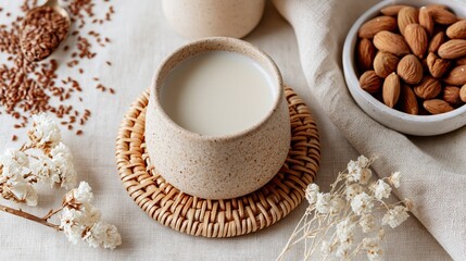 Fototapeta premium Overhead view of a ceramic cup filled with creamy almond milk and almonds nearby