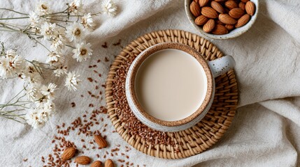 Fototapeta premium Stylish overhead view of a ceramic cup of almond milk with almonds and flowers
