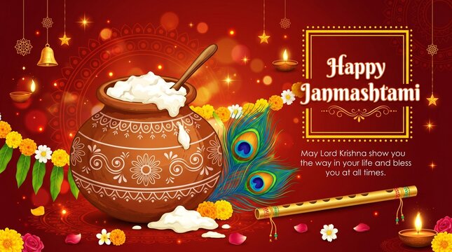Greeting background for Hindu festival Krishna Janmashtami (birth of Lord Krishna). Vector illustration.