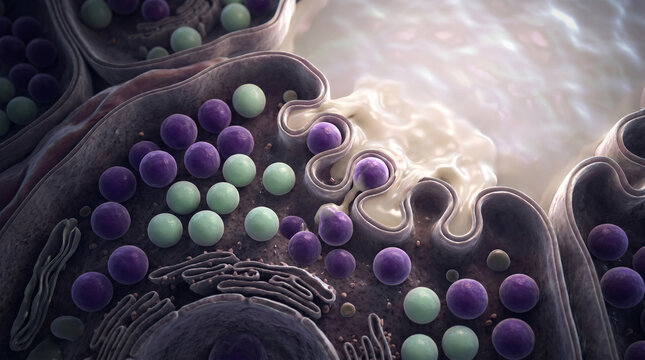 Microscopic view of cell membrane with purple and green vesicles and folded inner structures visible clearly