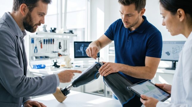 Engineer and doctor testing 3D printed prosthetic leg in laboratory. Development of bionic limb with neuroprosthetics. Advanced modern medical technology and innovation in science.