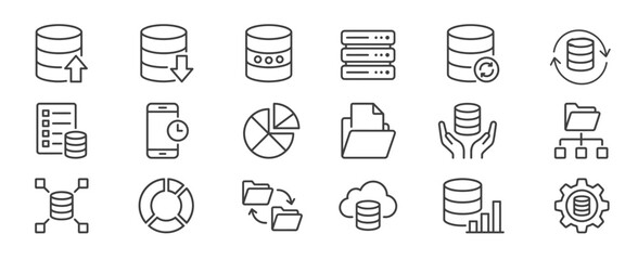 Data storage and database management line icon set with database management information technology computing transfer software download structure organization analysis infrastructure © Iconwale