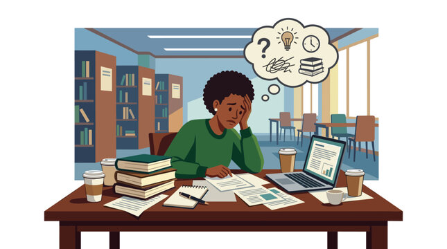 Stressed Student Overwhelmed by Study Materials in Modern Library Vector Illustration stress studying books laptop overwhelm education lines digital desk