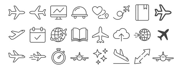 Aviation and flight concept line icons with aviation airplane navigation transportation aircraft adventure logistics schedule graphics vacation communication destination departure © Iconwale