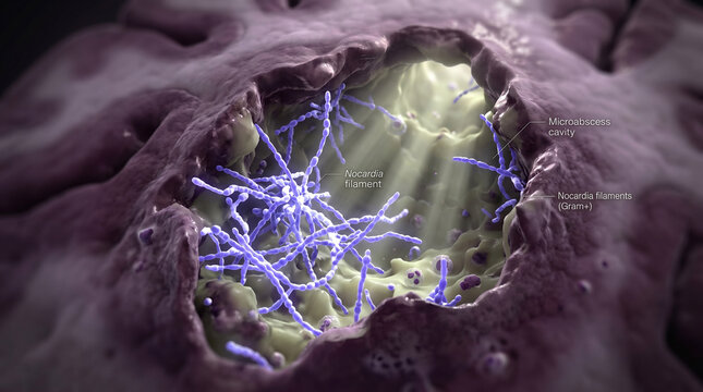 Detailed microscopic view of Nocardioform bacteria filaments in a microabscess cavity with labeled components