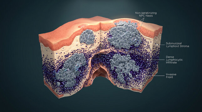 Medical illustration of a cross-section showing cancer cells and lymphoid stroma in tissue layers