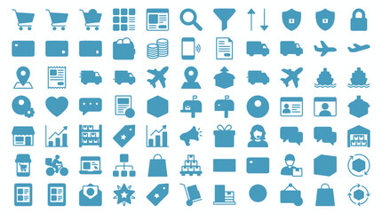Set of blue ecommerce icons representing online shopping cart delivery and payment options. © Tah