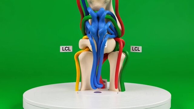 Anatomical Model of Human Knee Joint Rotating on Green Screen.