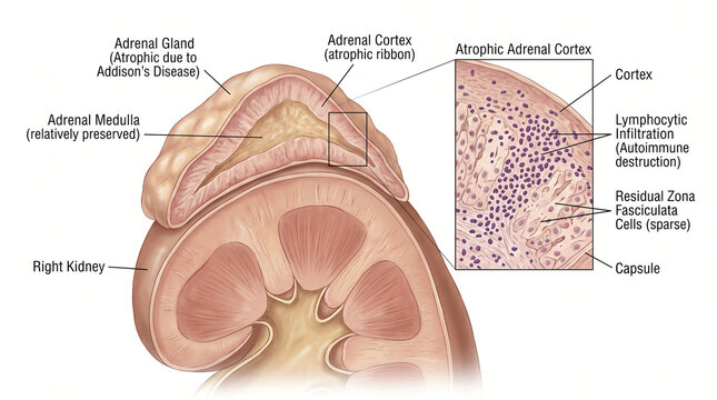 Detailed illustration of adrenal gland anatomy affected by Addison's disease with atrophic cortex and medulla