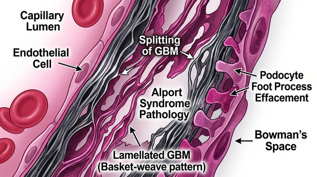Alport Syndrome Pathology Illustration Showing Capillary Lumen and Bowman&rsquo;s Space with Detailed Cellular Structure