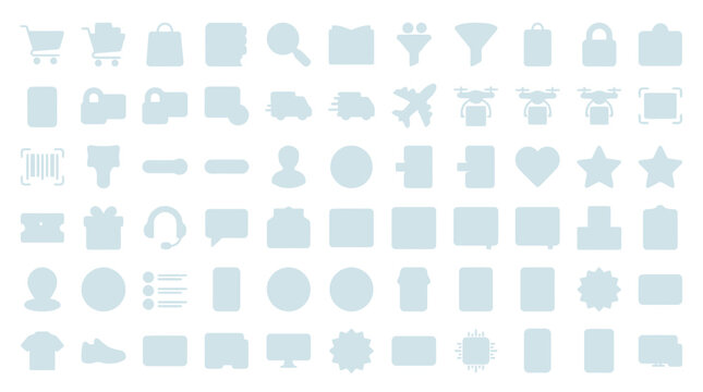 Pale blue flat icons for ecommerce web interface shipping logistics and digital store apps.