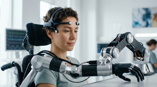 Woman using a brain computer interface to control a robotic prosthetic arm. Neuroprosthetics laboratory setting for advanced medical rehabilitation and high tech bionic sensory integration.