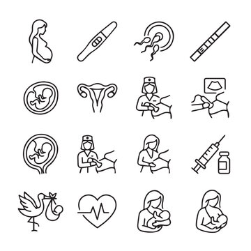 Pregnancy and childbirth icons showing conception ultrasound stork with baby and mother holding infant